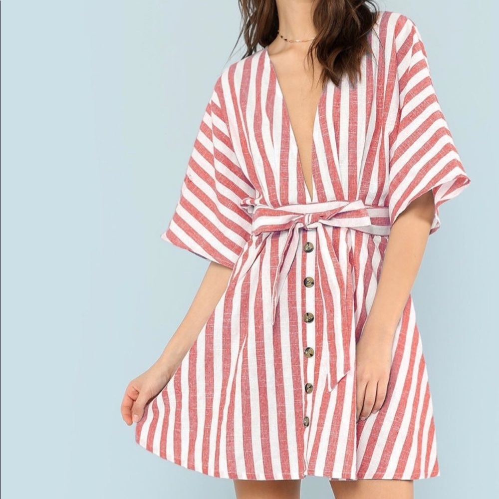 Plunging Button Front Striped Dress